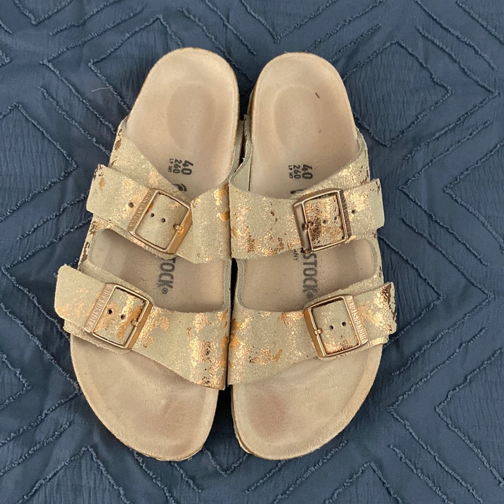 Suede metallic copper women’s Birkenstocks